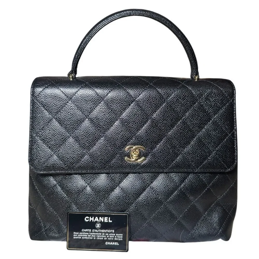 Chanel Black Caviar Quilted Leather Coco Mark CC Top Handle Flap Tote